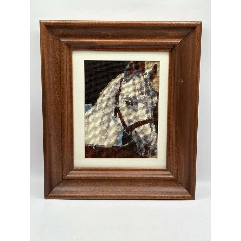 Vtg Framed And Completed Needlepoint White Horse Head Wall Art Western 14" X 9"
